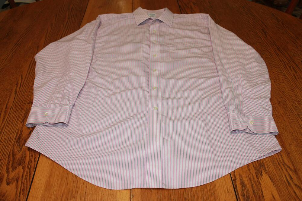 Brooks Brothers Shirt Mens 17-34 Pink Blue Stripe Regent Non-Iron Supima Cotton